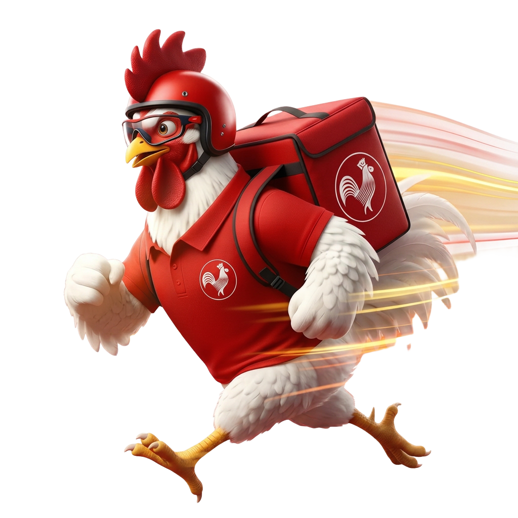 Kozhi Express mascot — a speedy rooster delivery rider
