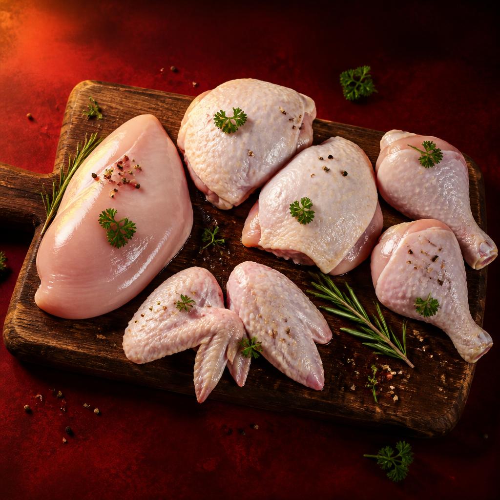 Fresh raw broiler chicken cut pieces on a rustic wooden board