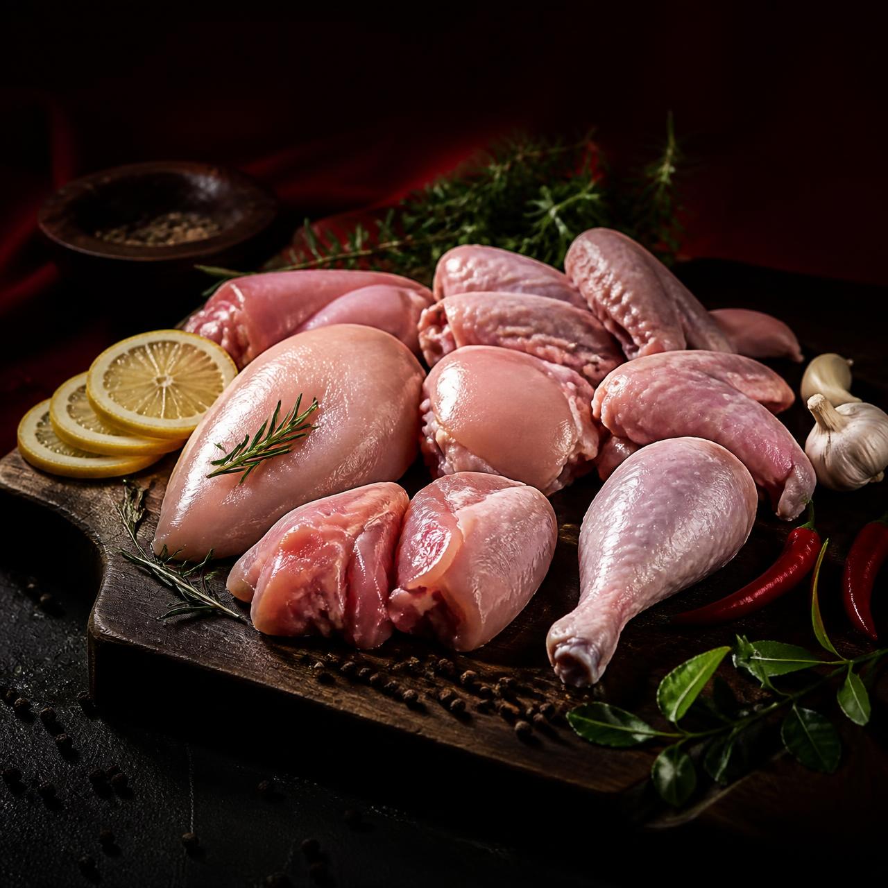 Freshly cut premium raw chicken pieces on a wooden board with herbs, lemon and garlic